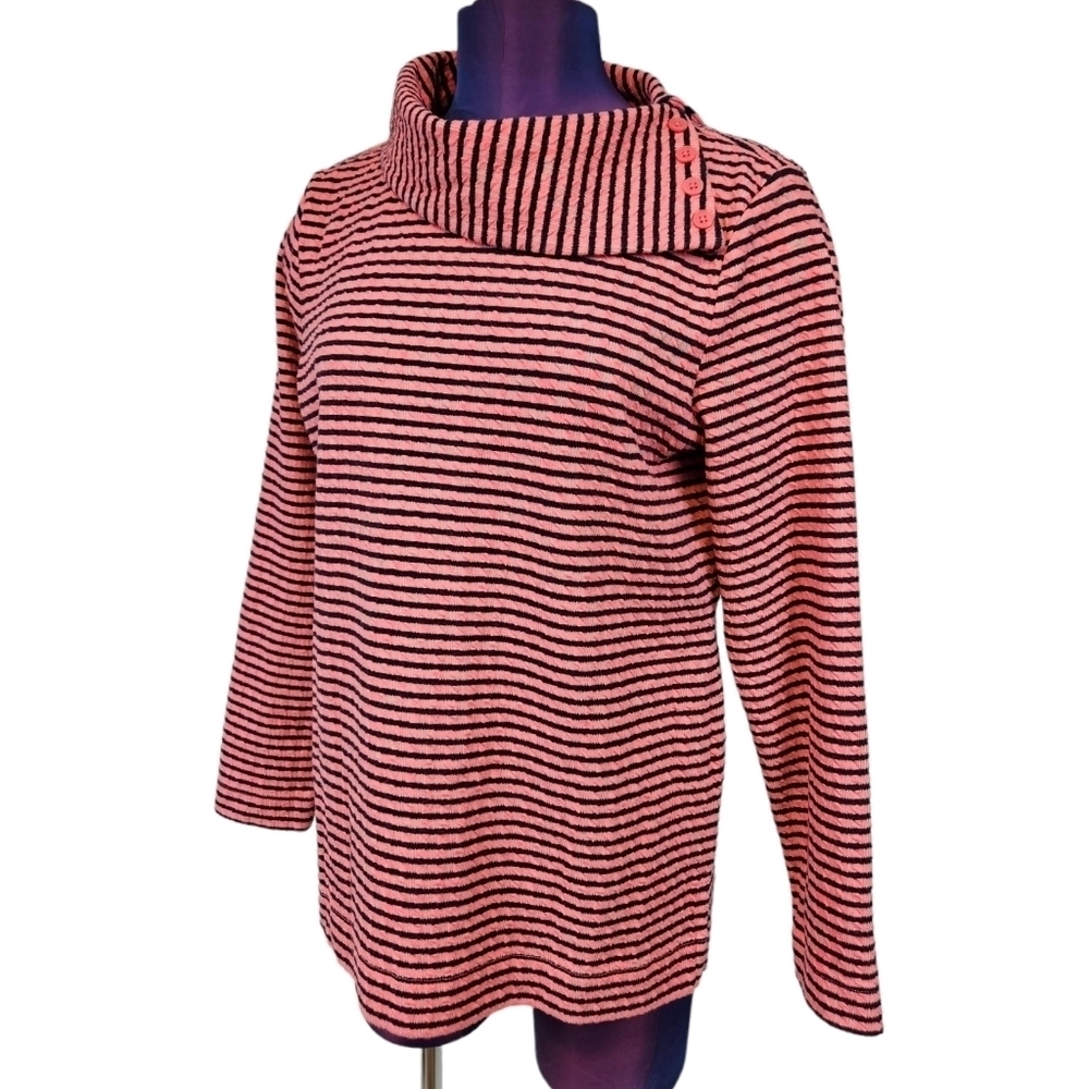 Talbots Pink & Navy Jacquard Stripe Cowl Neck Pullover Blouse Petite Large C61